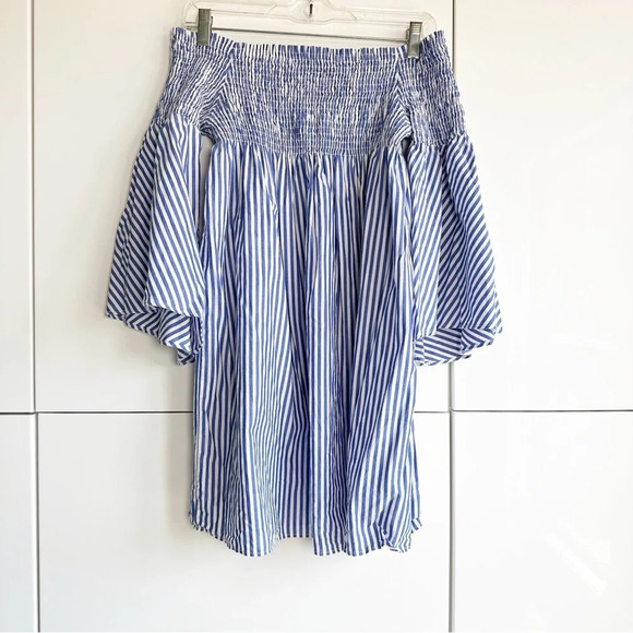 Zara Smocked Dress Tunic Top Bell Sleeves Size Large Blue and White Stripe - Picture 9 of 11